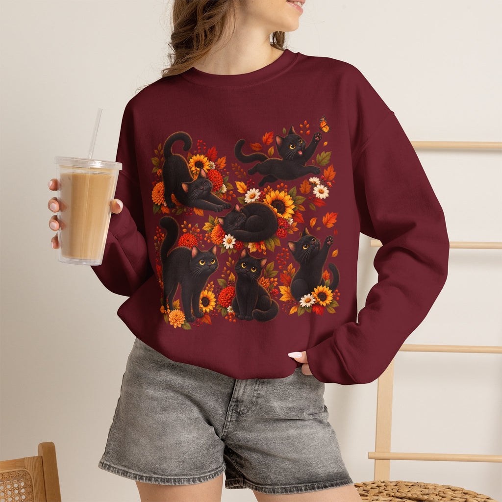 Autumn Black Cats Crewneck Sweatshirt — Fall Floral Halloween Cat Design