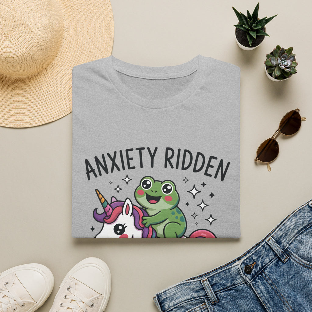 Anxiety Ridden Frog on Unicorn T-Shirt — Cute Mental Health Awareness Graphic Tee