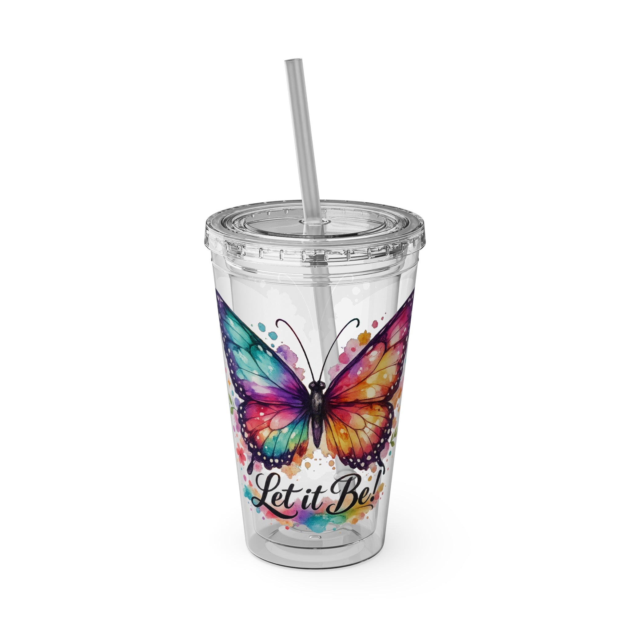 Butterfly 'Let It Be' 16oz Tumbler with Straw — Colorful Floral Summer Drink Cup