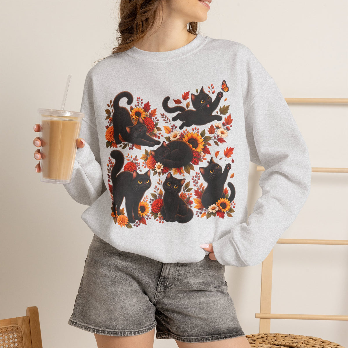 Autumn Black Cats Crewneck Sweatshirt — Fall Floral Halloween Cat Design