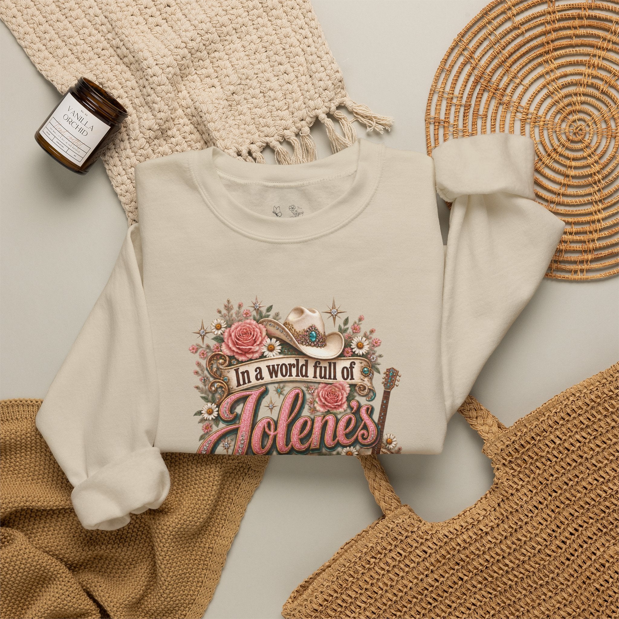 Crewneck Sweatshirt — "In a world full of Jolene's be a Dolly" Vintage Floral Country Music Pullover