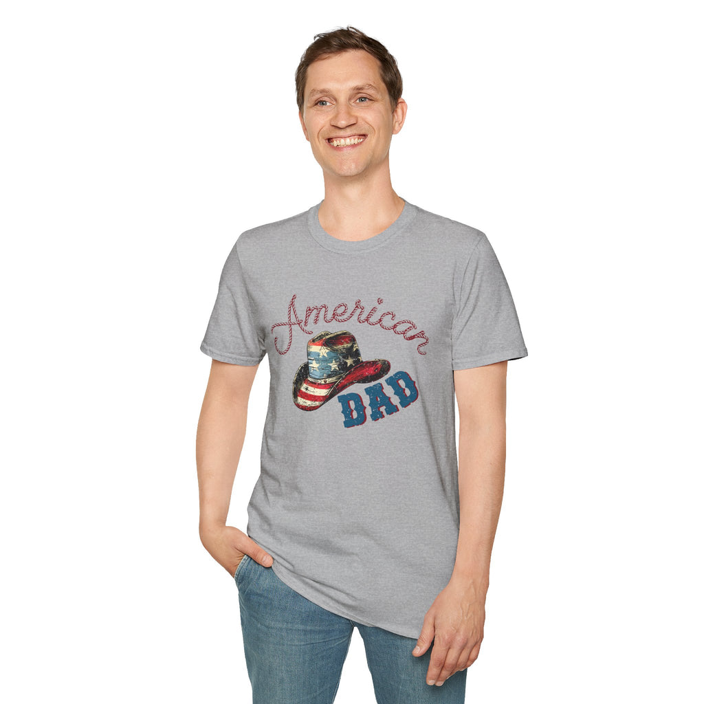 Patriotic “American Dad” Tee — Vintage Flag Cowboy Hat Dad T-Shirt