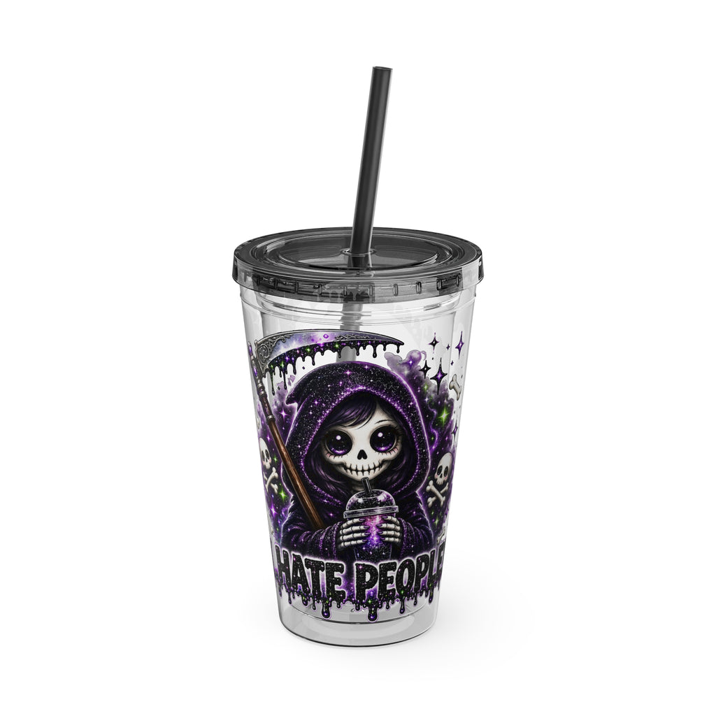 16oz Tumbler with Straw — Purple Grim Reaper “I Hate People” Graphic Cold Cup