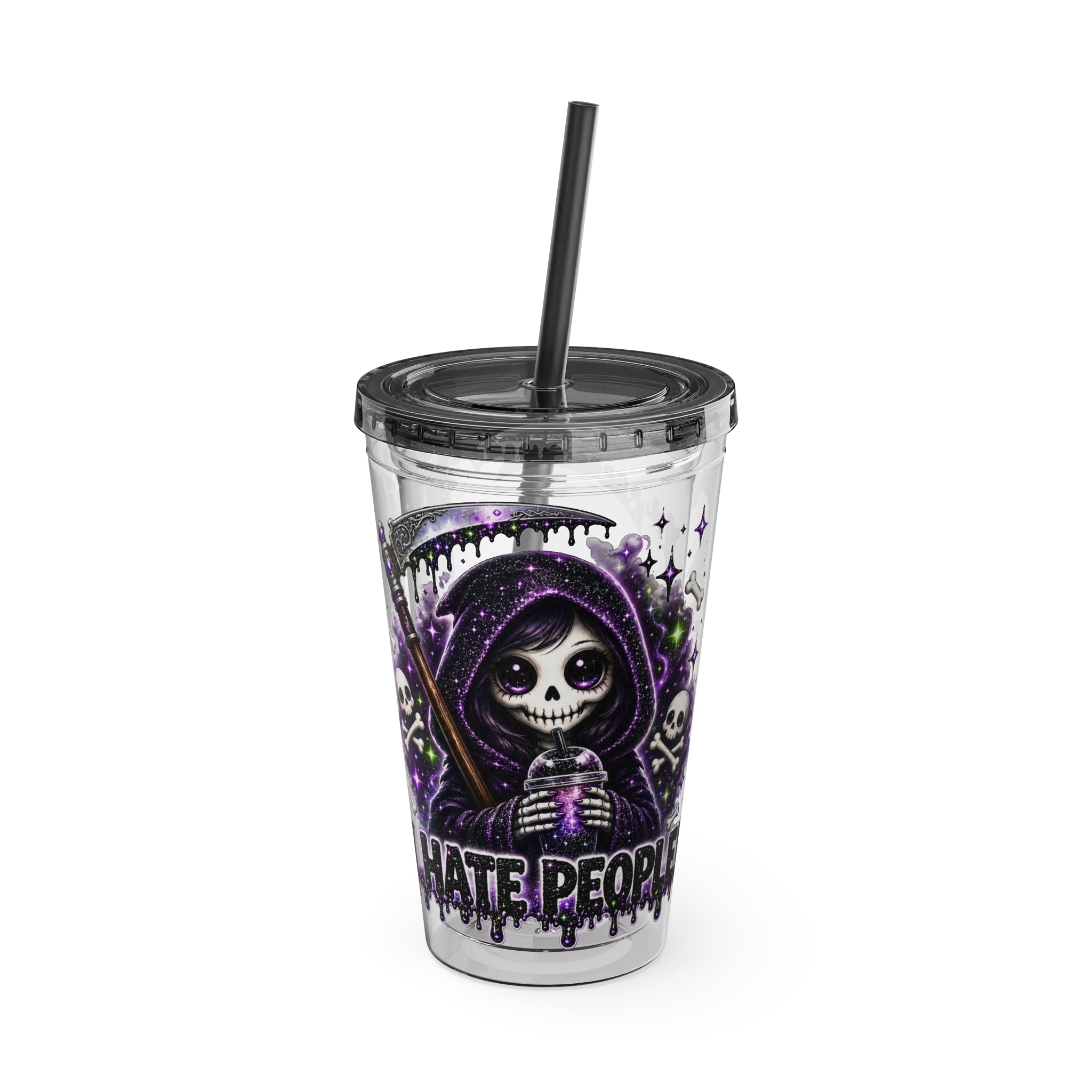 16oz Tumbler with Straw — Purple Grim Reaper “I Hate People” Graphic Cold Cup