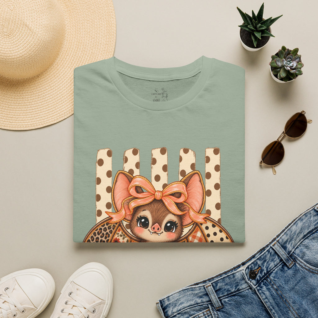 Cute Bat Tee — Adorable Bat with Bow Graphic T-Shirt (Leopard Striped Background)