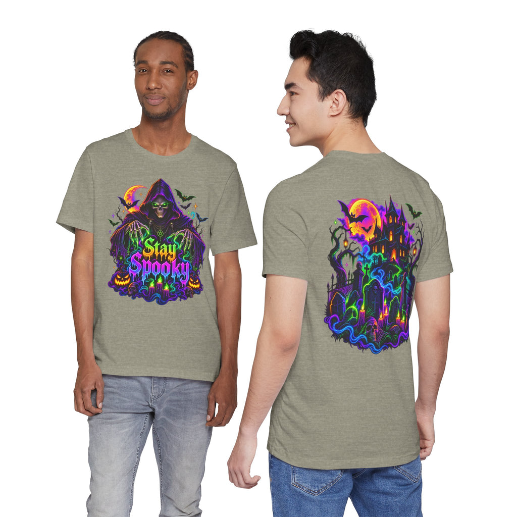 Stay Spooky Halloween Tee — Neon Grim Reaper & Haunted Castle Graphic T-Shirt