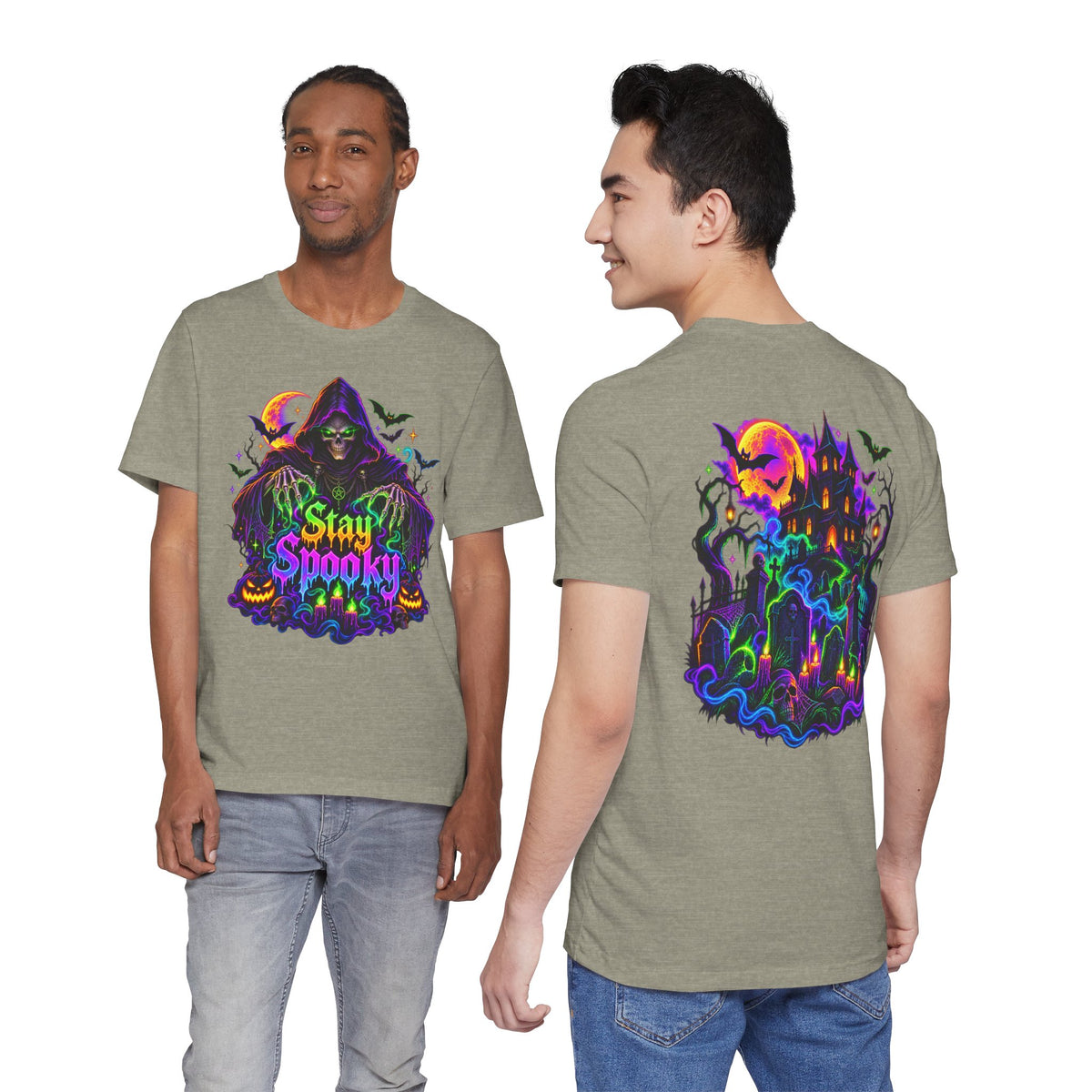Stay Spooky Halloween Tee — Neon Grim Reaper & Haunted Castle Graphic T-Shirt