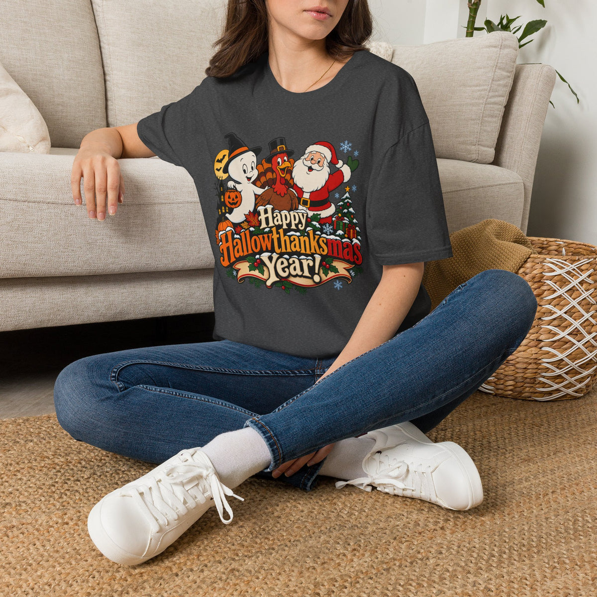 Halloween Thanksgiving Christmas Mashup Tee — "Happy HallowThanksMas This Year"