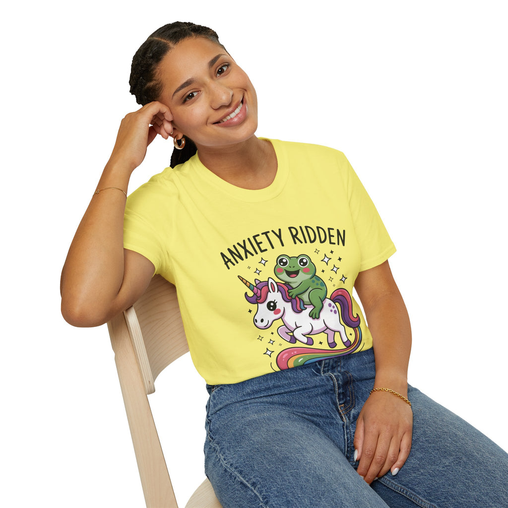 Anxiety Ridden Frog on Unicorn T-Shirt — Cute Mental Health Awareness Graphic Tee
