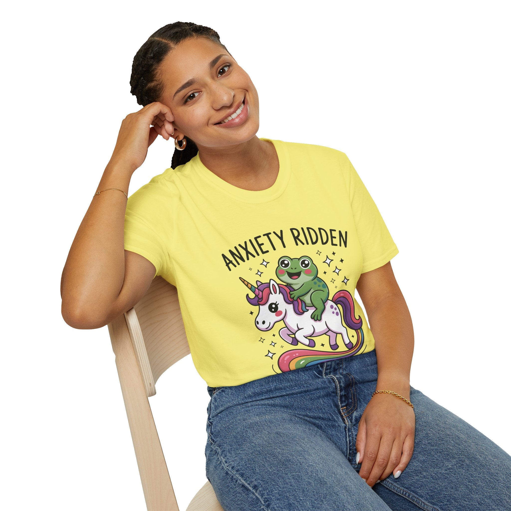 Anxiety Ridden Frog on Unicorn T-Shirt — Cute Mental Health Awareness Graphic Tee