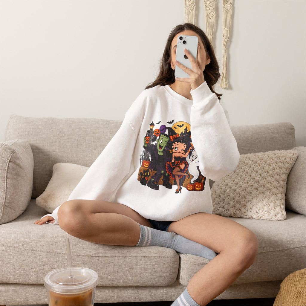 Halloween Betty Boop Crewneck Sweatshirt — Retro Spooky Cartoon Graphic