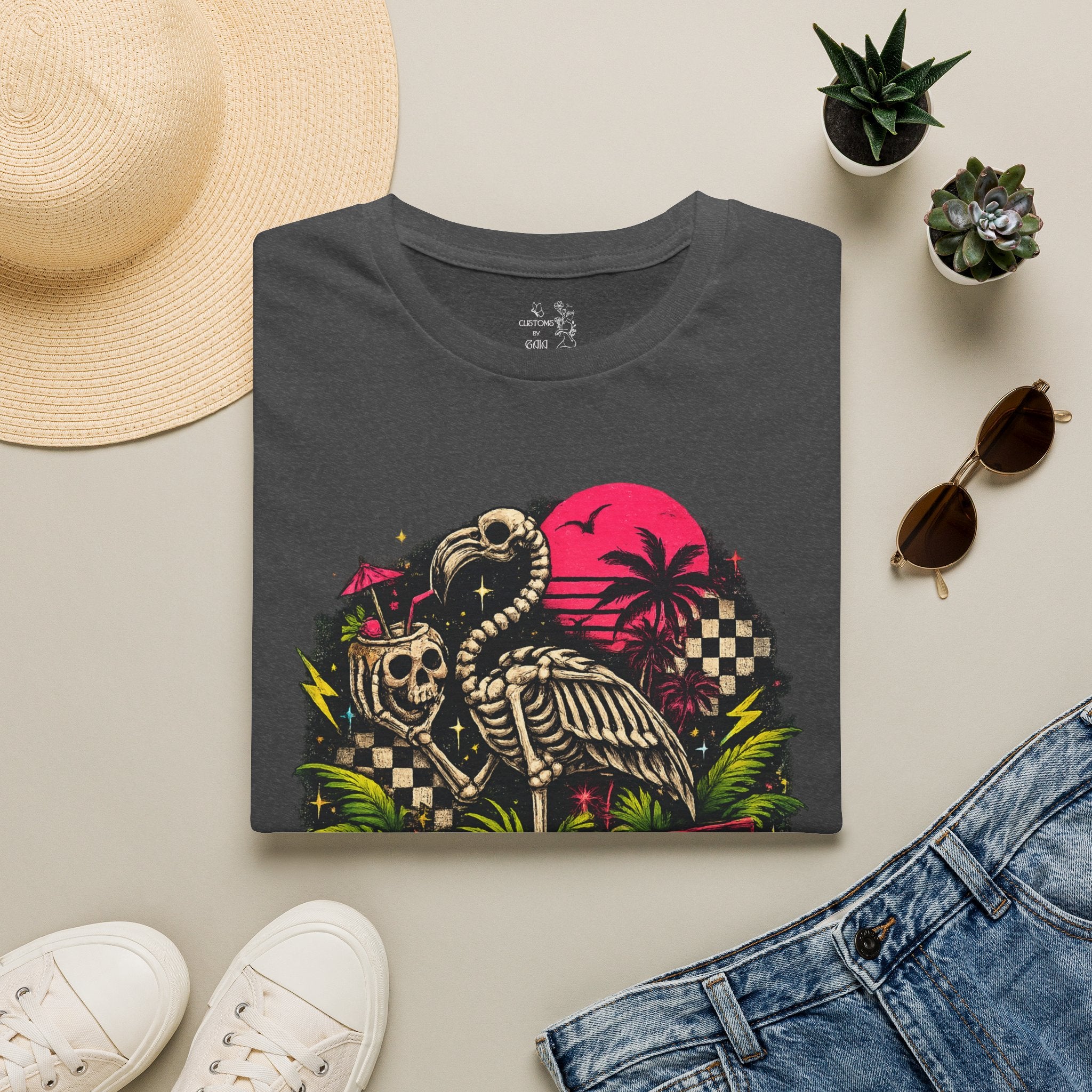 Spooky Salty Beach T-Shirt — Retro Skeleton Pelican Sunset Tee