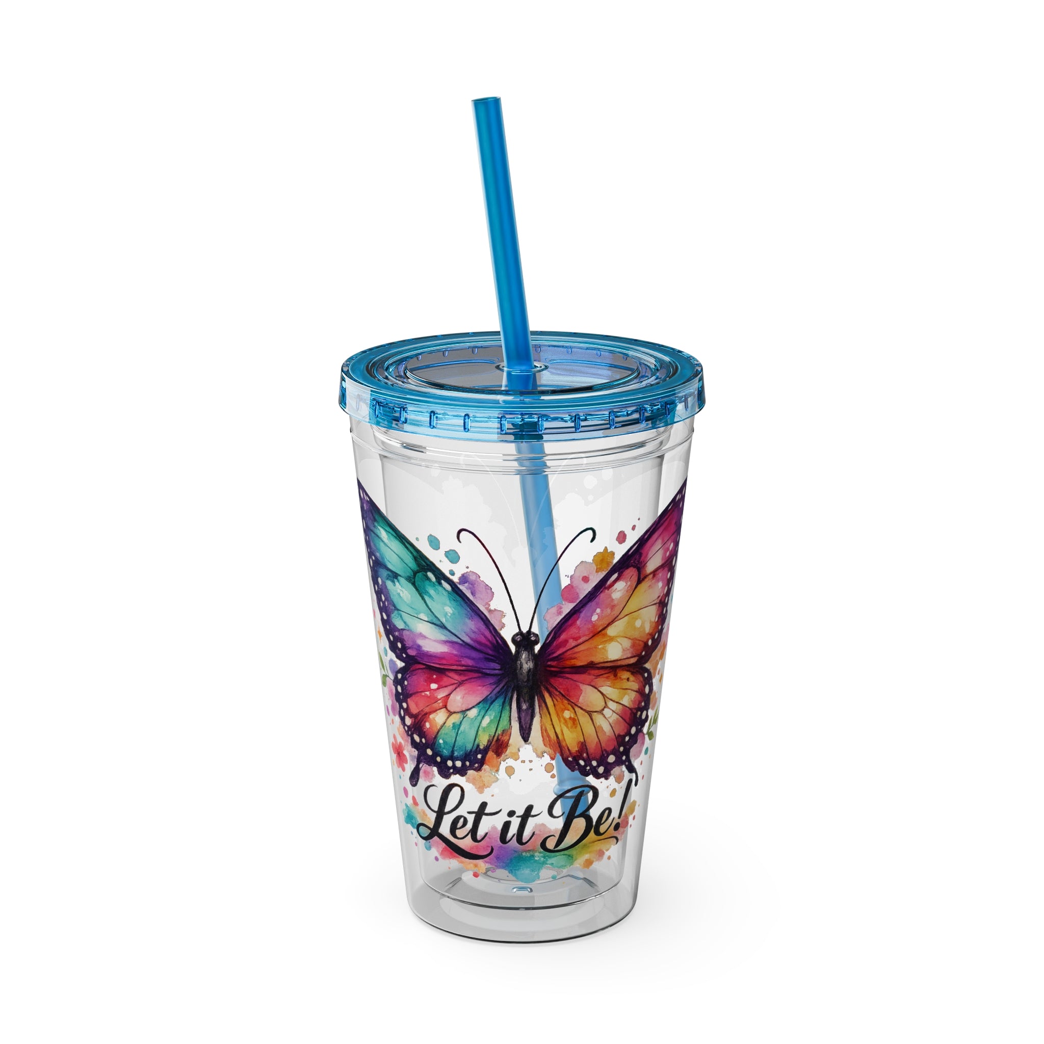 Butterfly 'Let It Be' 16oz Tumbler with Straw — Colorful Floral Summer Drink Cup