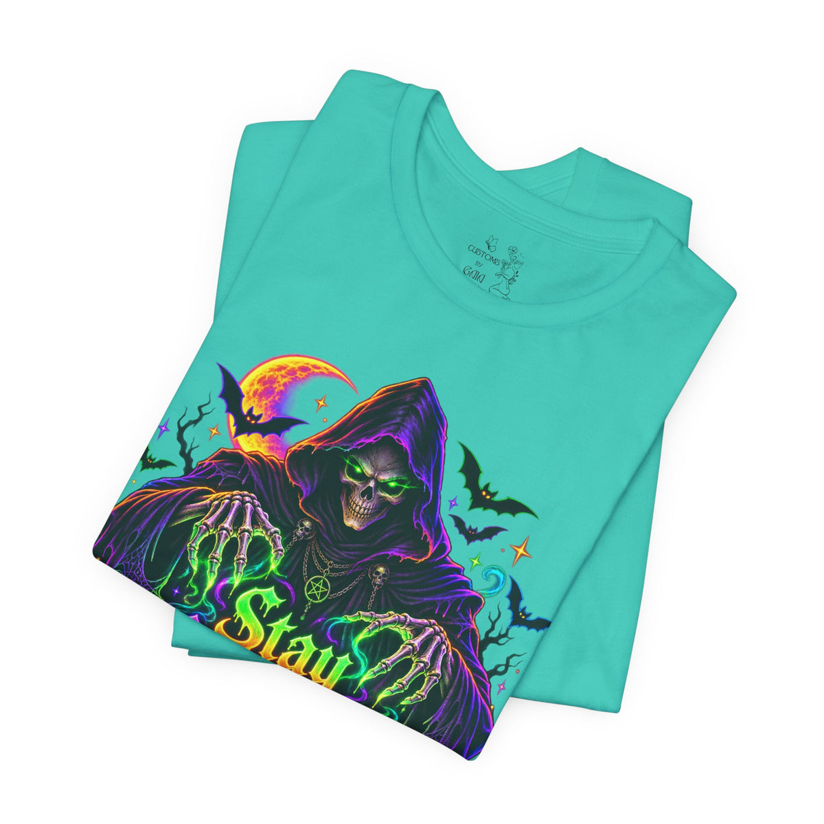 Stay Spooky Halloween Tee — Neon Grim Reaper & Haunted Castle Graphic T-Shirt