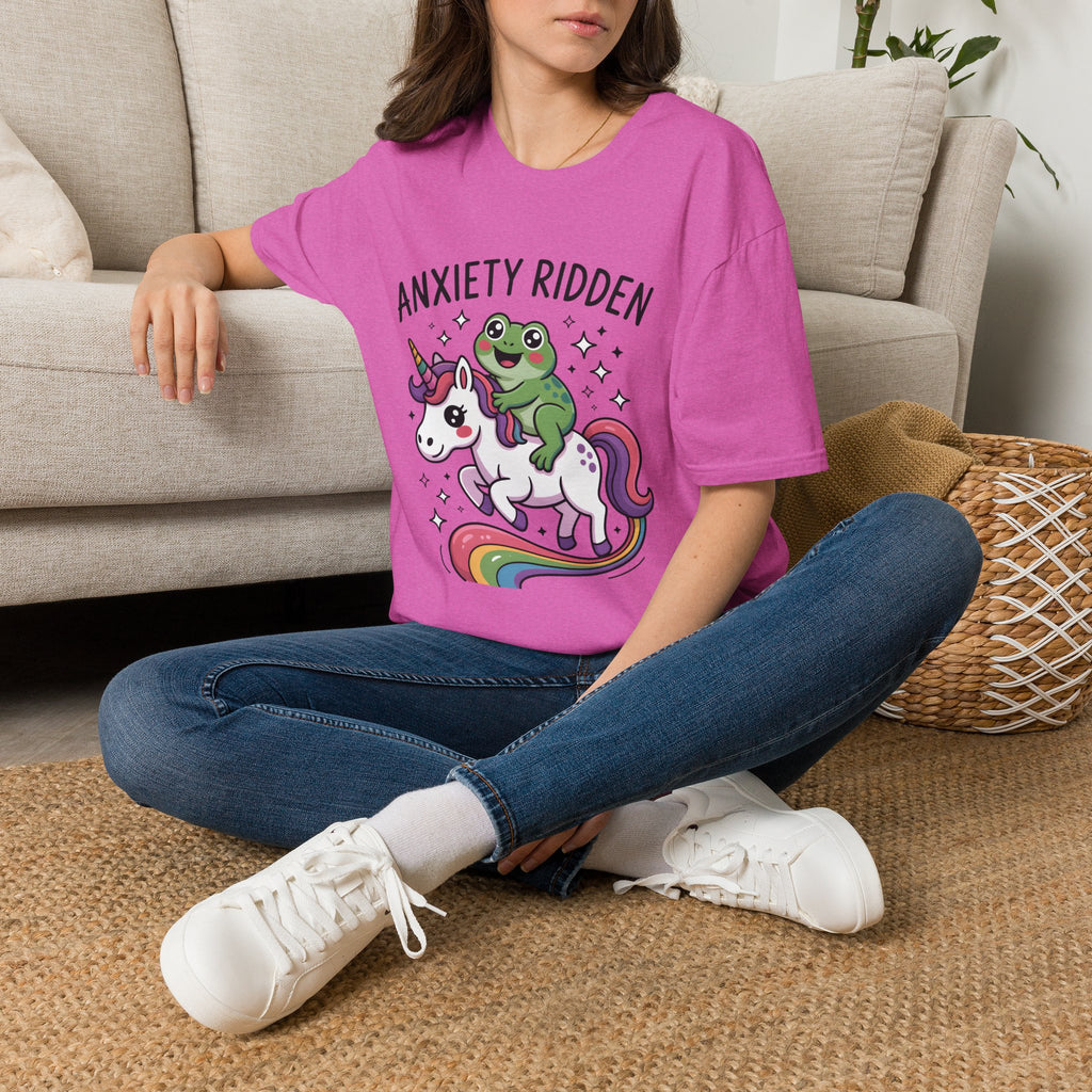 Anxiety Ridden Frog on Unicorn T-Shirt — Cute Mental Health Awareness Graphic Tee