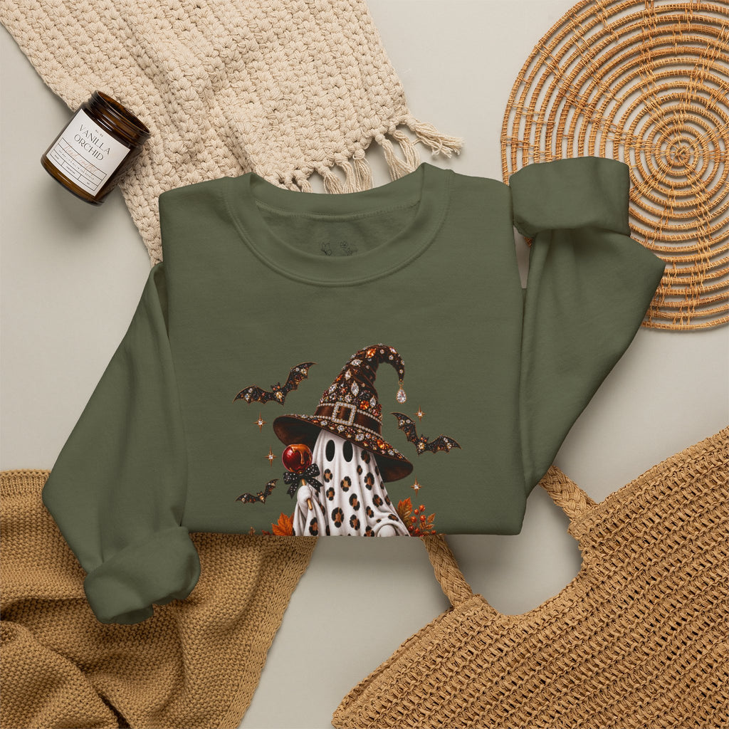 Halloween Ghost Sweatshirt – Spooky Gnome with Witch Hat, Pumpkins & Bats Crewneck