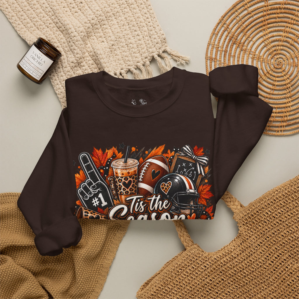 Tis the Season Fall Sweatshirt - Cozy Autumn Leaves & Football Crewneck