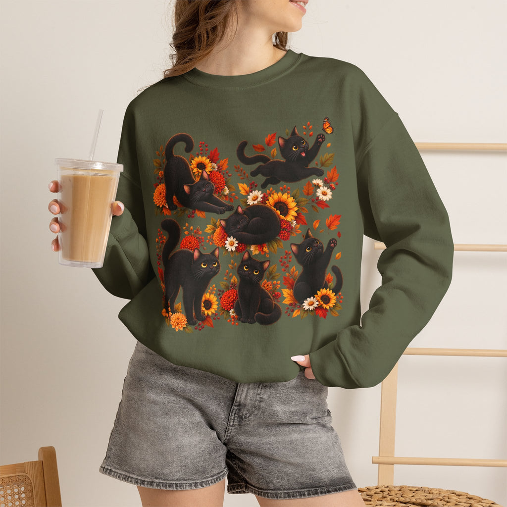 Autumn Black Cats Crewneck Sweatshirt — Fall Floral Halloween Cat Design