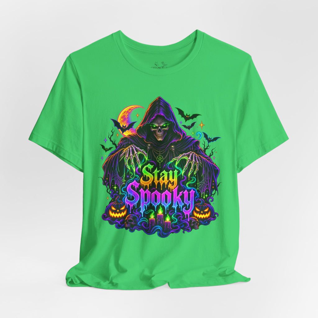Stay Spooky Halloween Tee — Neon Grim Reaper & Haunted Castle Graphic T-Shirt