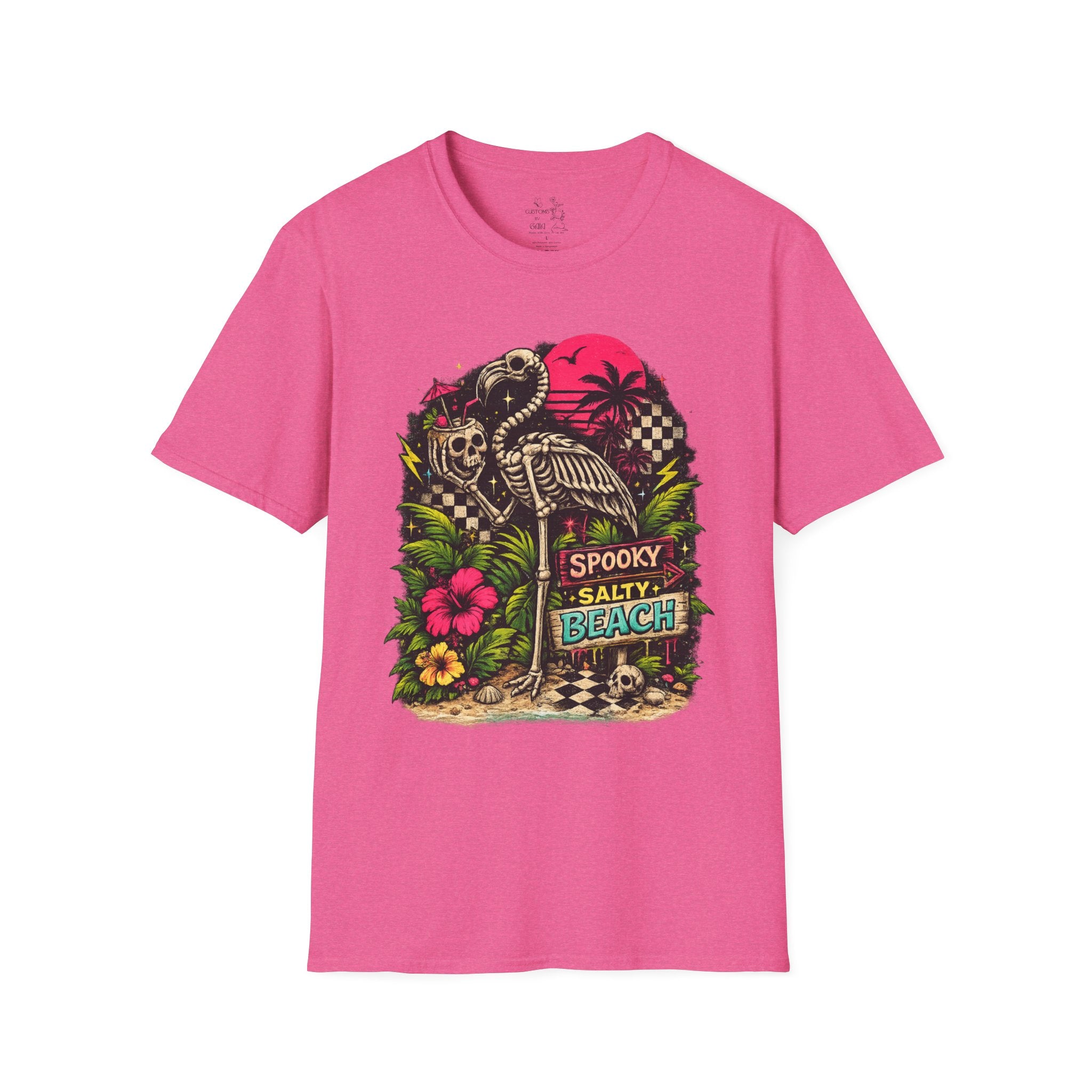 Spooky Salty Beach T-Shirt — Retro Skeleton Pelican Sunset Tee