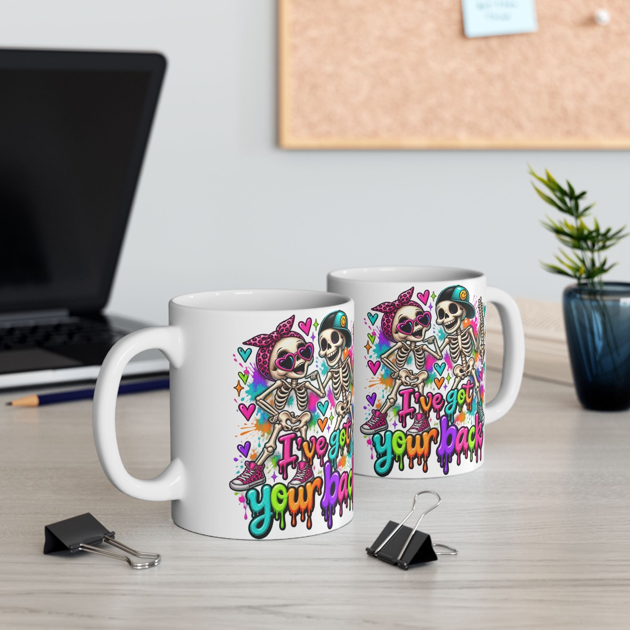 Skeleton Rocker Ceramic Mug — Colorful 'I've Got Your Back' Coffee Cup (11oz & 15oz)