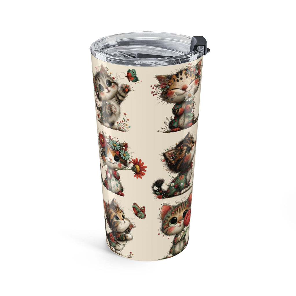 Copy of 20oz Whimsical Cat Floral Tumbler — Cute Vintage Kittens Travel Cup - Beige