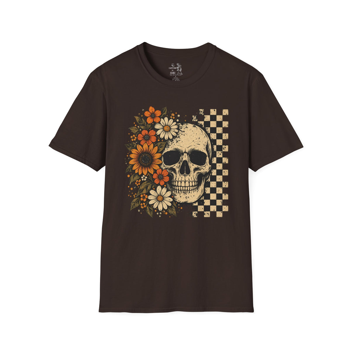 Floral Skull T-Shirt – Gothic Sunflower Checkerboard Design