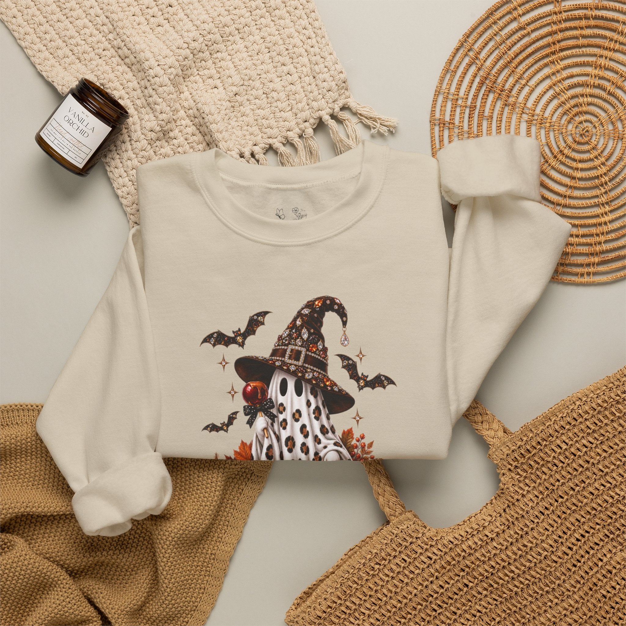 Halloween Ghost Sweatshirt – Spooky Gnome with Witch Hat, Pumpkins & Bats Crewneck
