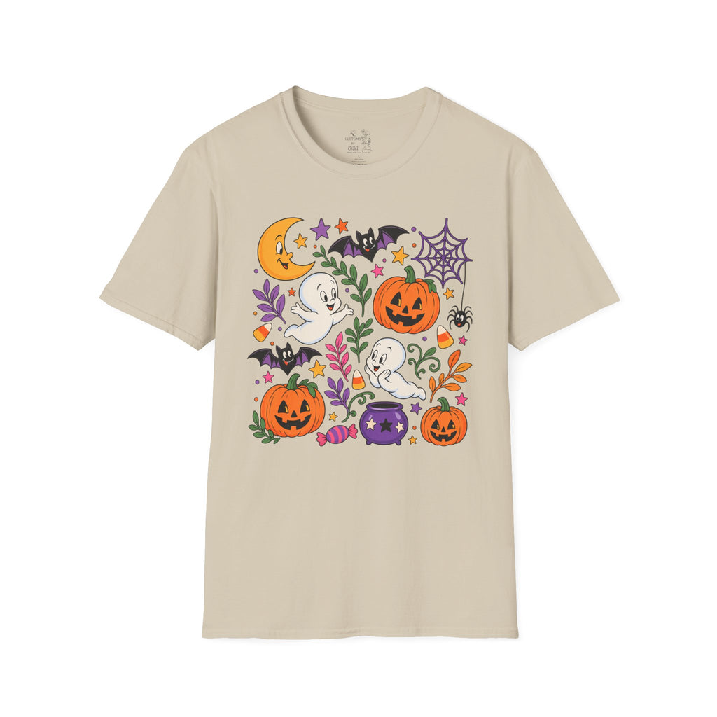 Cute Halloween T-Shirt — Friendly Ghosts, Pumpkins & Bats Graphic