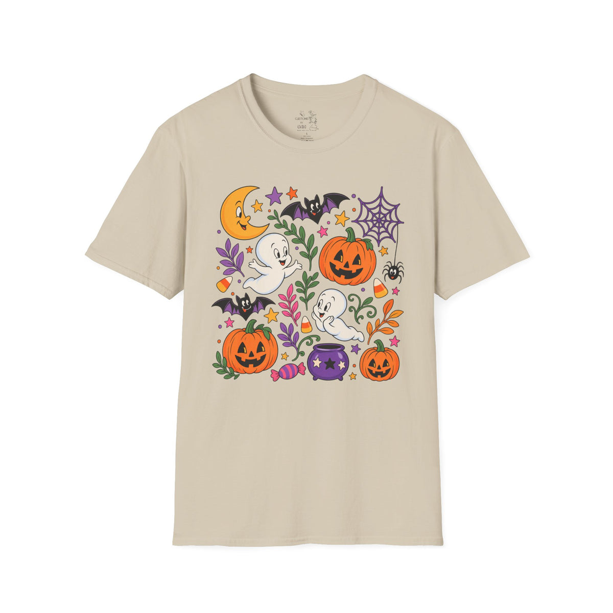 Cute Halloween T-Shirt — Friendly Ghosts, Pumpkins & Bats Graphic