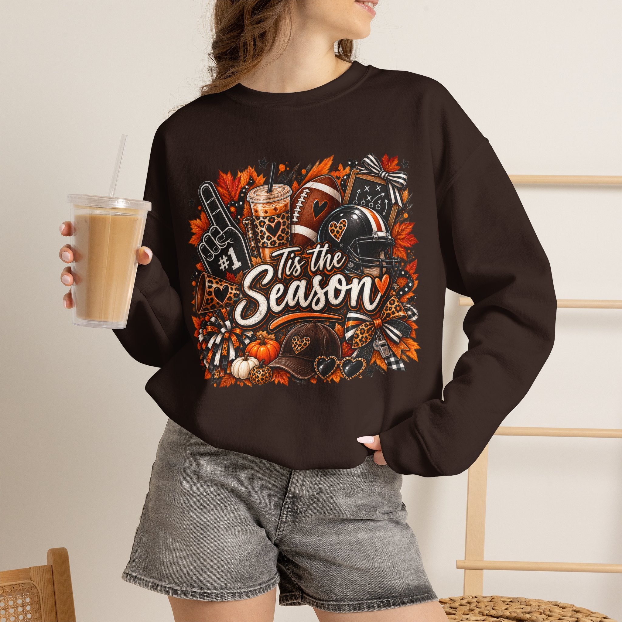 Tis the Season Fall Sweatshirt - Cozy Autumn Leaves & Football Crewneck