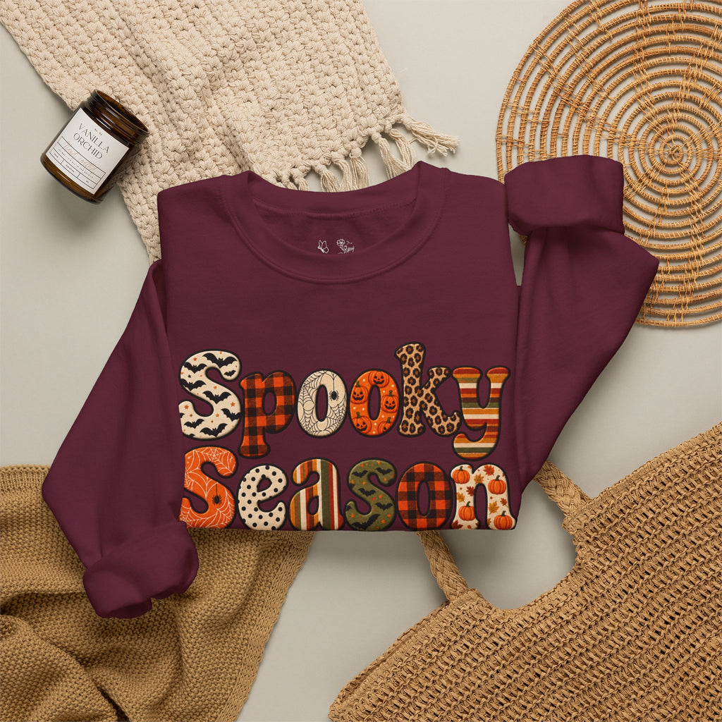 Spooky Season Sweatshirt — Retro Patterned Halloween Crewneck