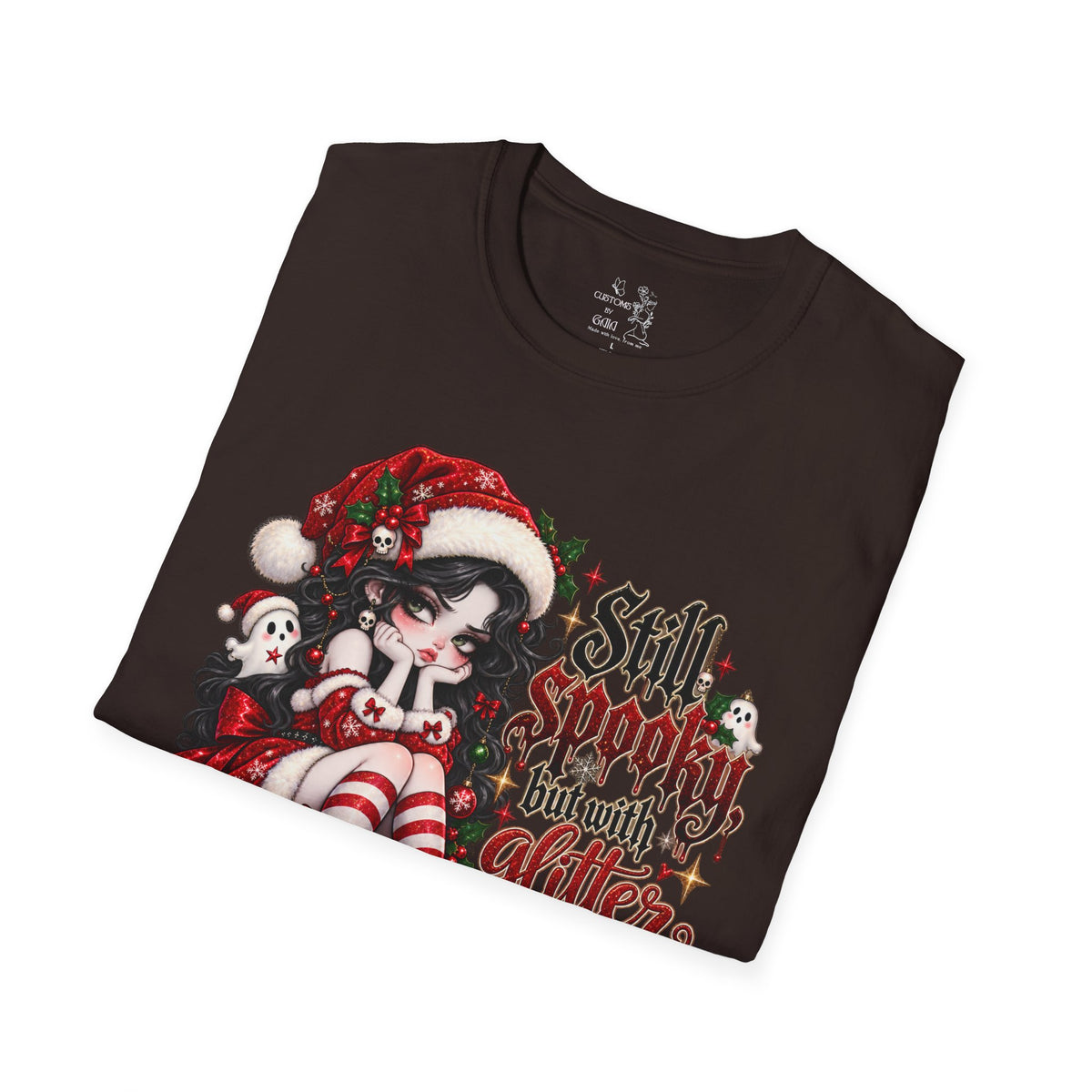 Christmas Goth T‑Shirt – "Still Spooky But With Glitter" Elf Girl Holiday Tee