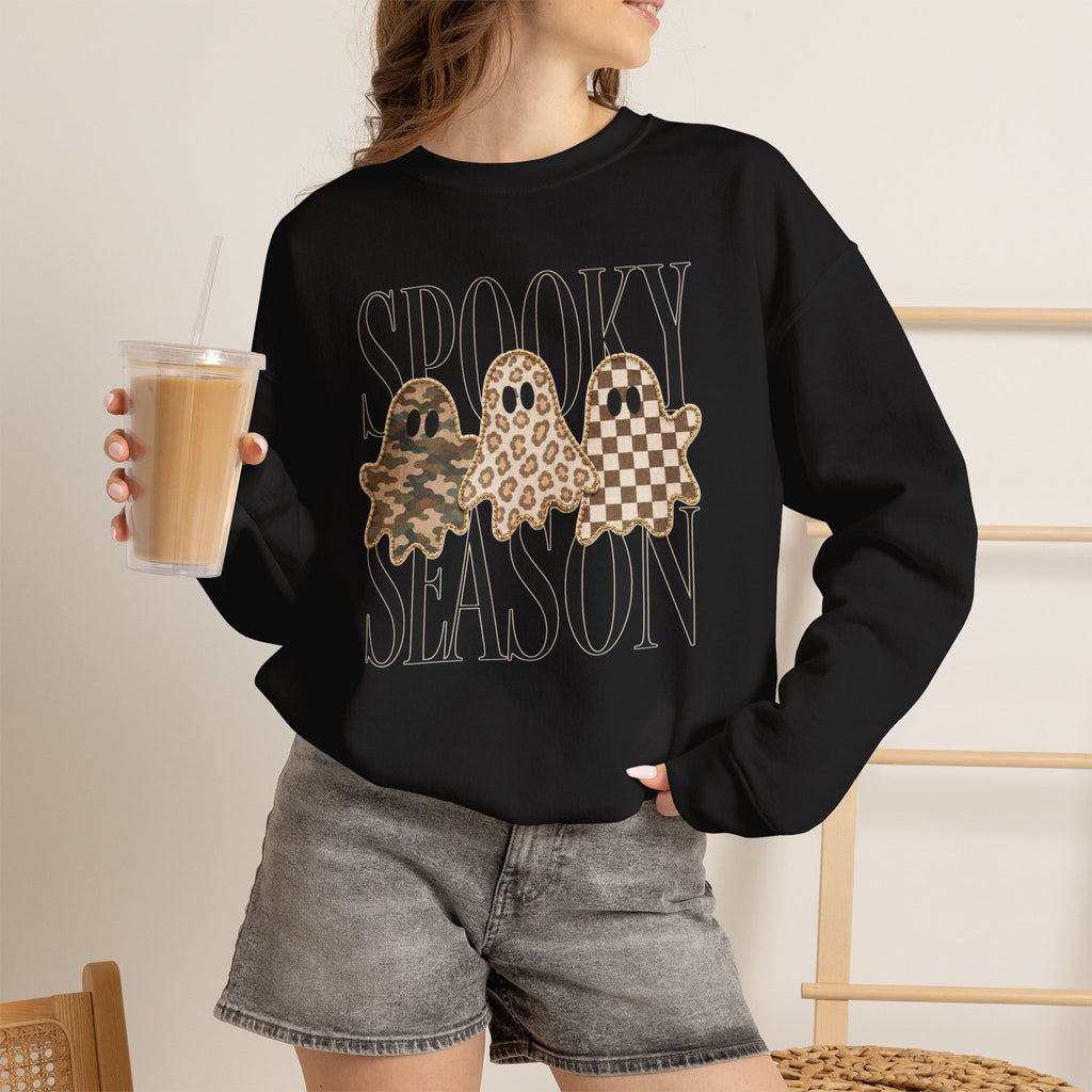 Spooky Season Ghosts Sweatshirt — Neutral Plaid & Camo Halloween Crewneck