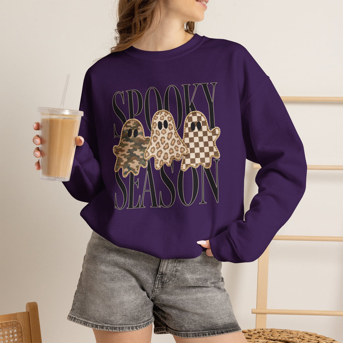 Spooky Season Ghosts Sweatshirt — Neutral Plaid & Camo Halloween Crewneck