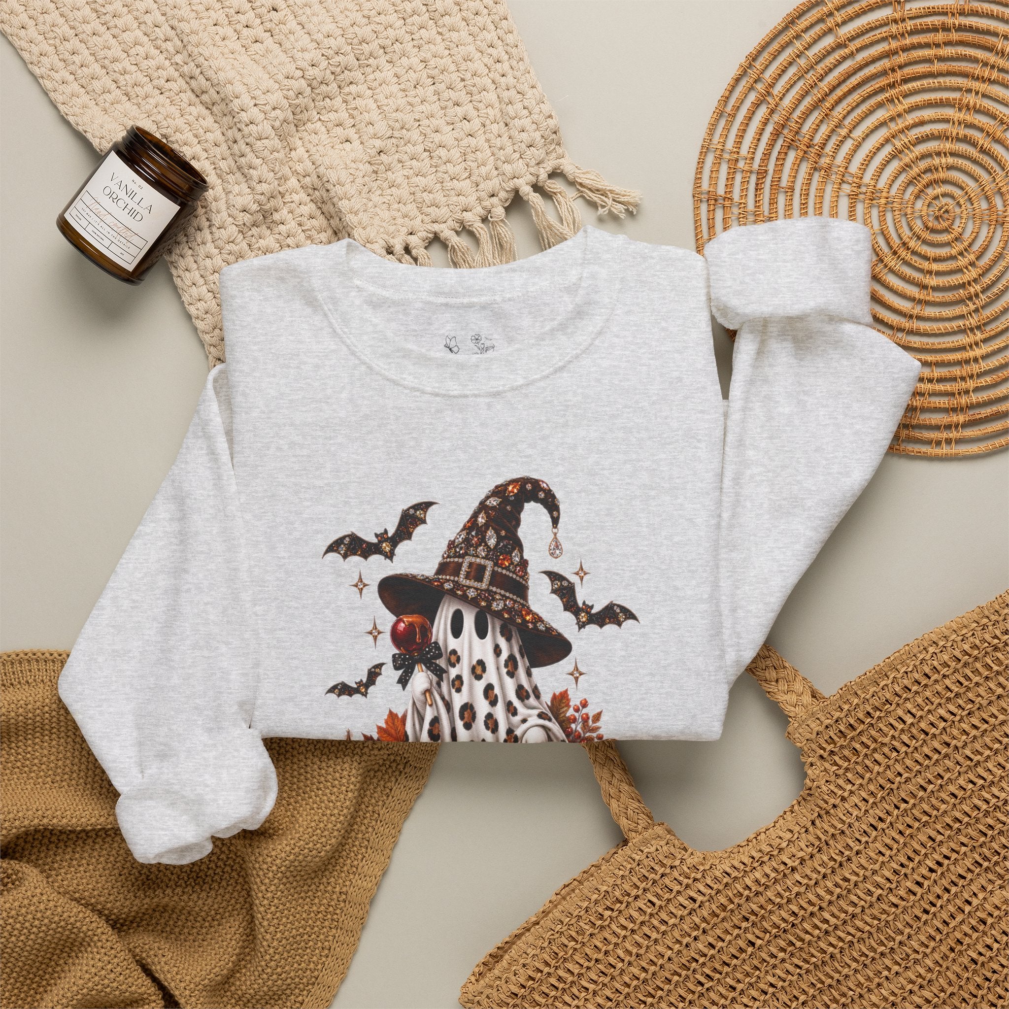 Halloween Ghost Sweatshirt – Spooky Gnome with Witch Hat, Pumpkins & Bats Crewneck