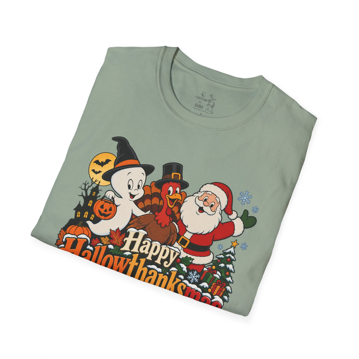 Halloween Thanksgiving Christmas Mashup Tee — "Happy HallowThanksMas This Year"