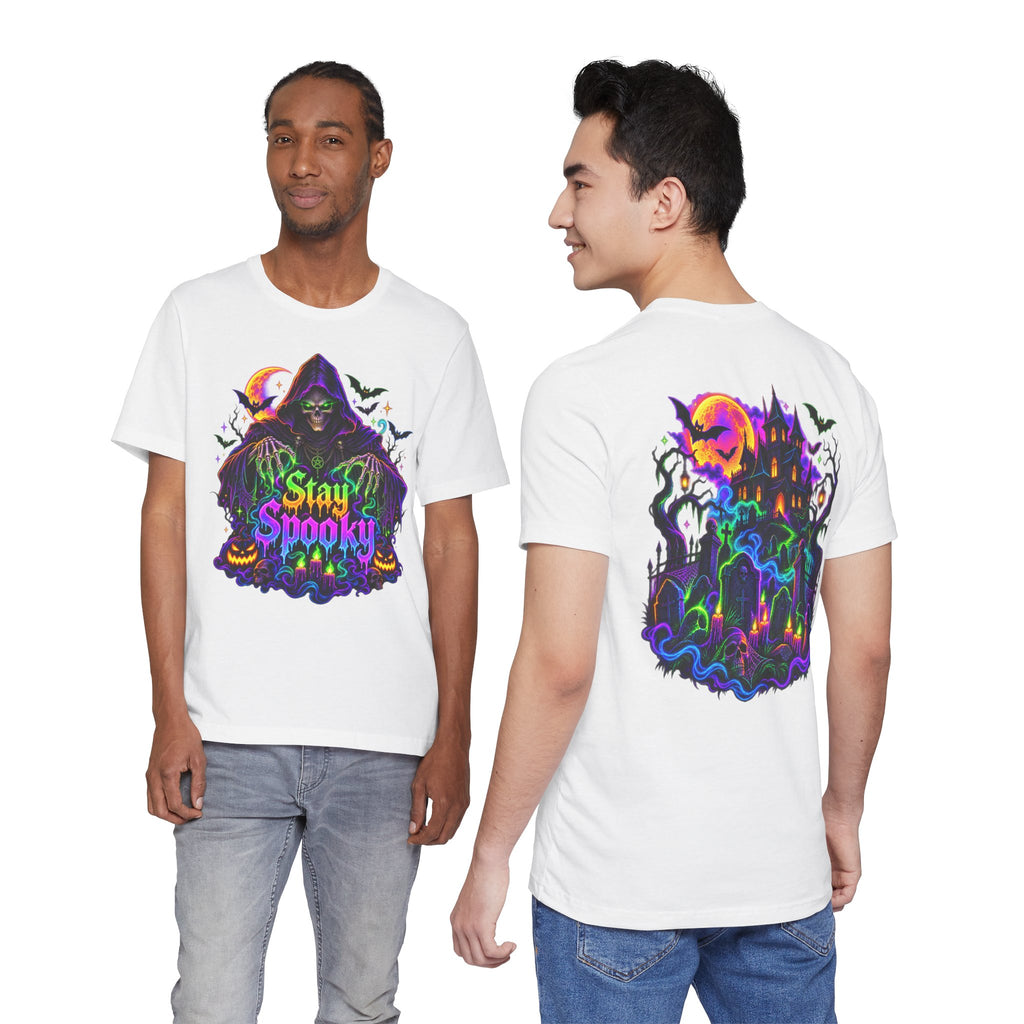 Stay Spooky Halloween Tee — Neon Grim Reaper & Haunted Castle Graphic T-Shirt