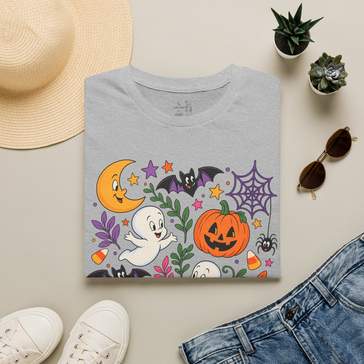 Cute Halloween T-Shirt — Friendly Ghosts, Pumpkins & Bats Graphic