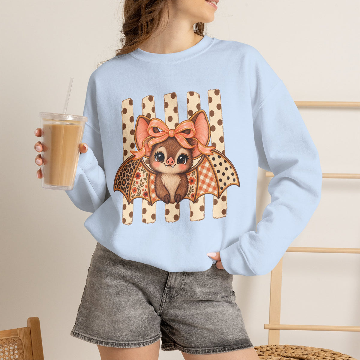 Cute Bat Crewneck Sweatshirt — Kawaii Bat with Bow Graphic