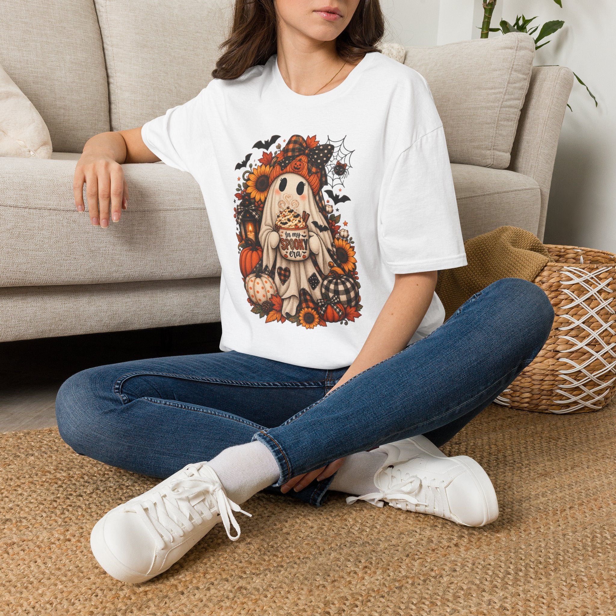 Halloween Ghost Tee – Cute Pumpkin, Sunflower & Trick-or-Treat Design