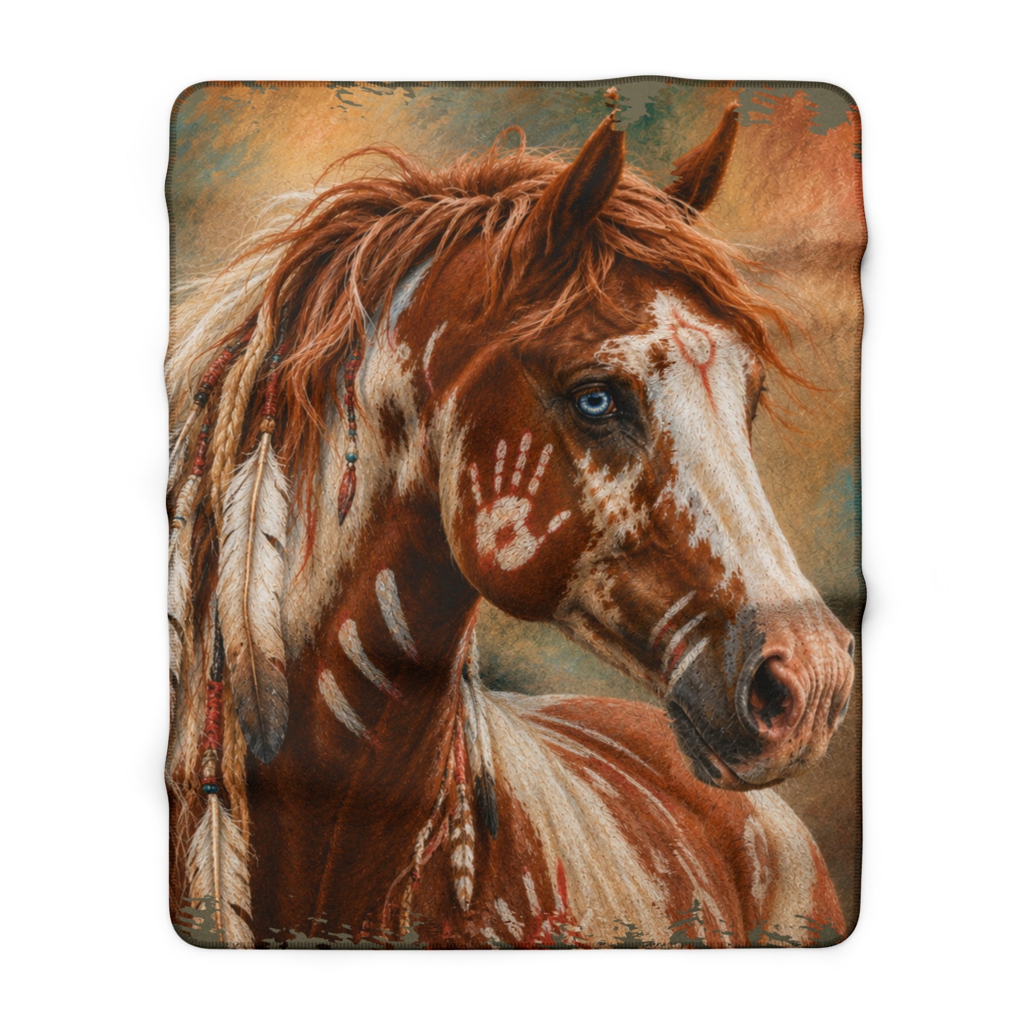 Painted Spirit Horse Sherpa Blanket — Native-Inspired Art Fleece Throw