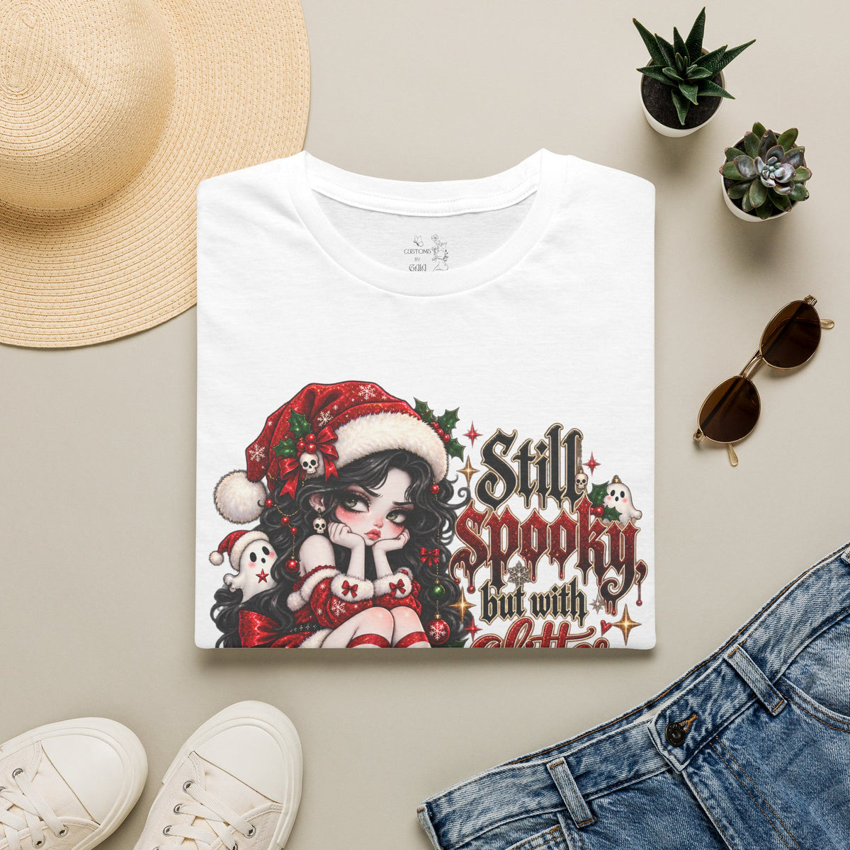 Christmas Goth T‑Shirt – "Still Spooky But With Glitter" Elf Girl Holiday Tee