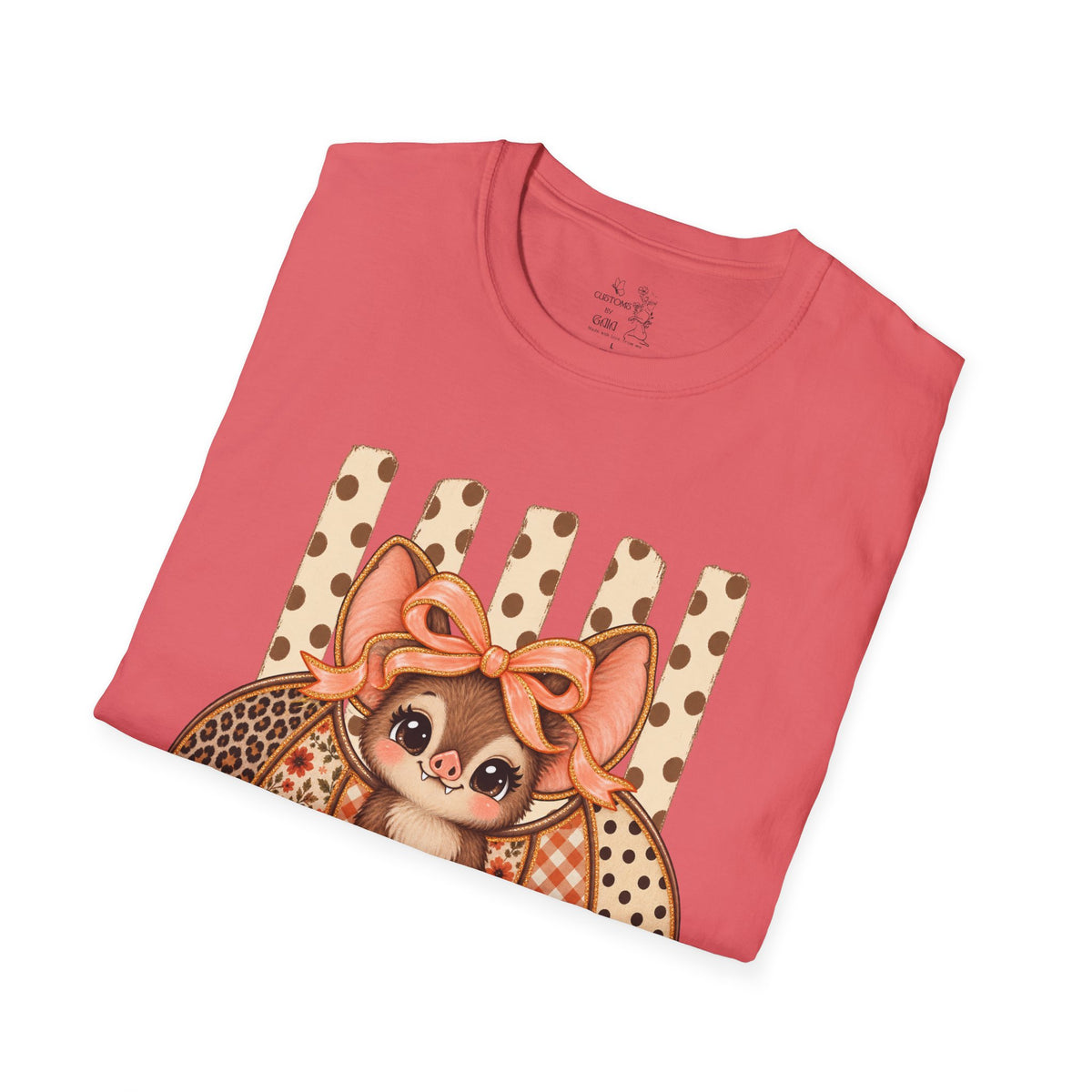 Cute Bat Tee — Adorable Bat with Bow Graphic T-Shirt (Leopard Striped Background)