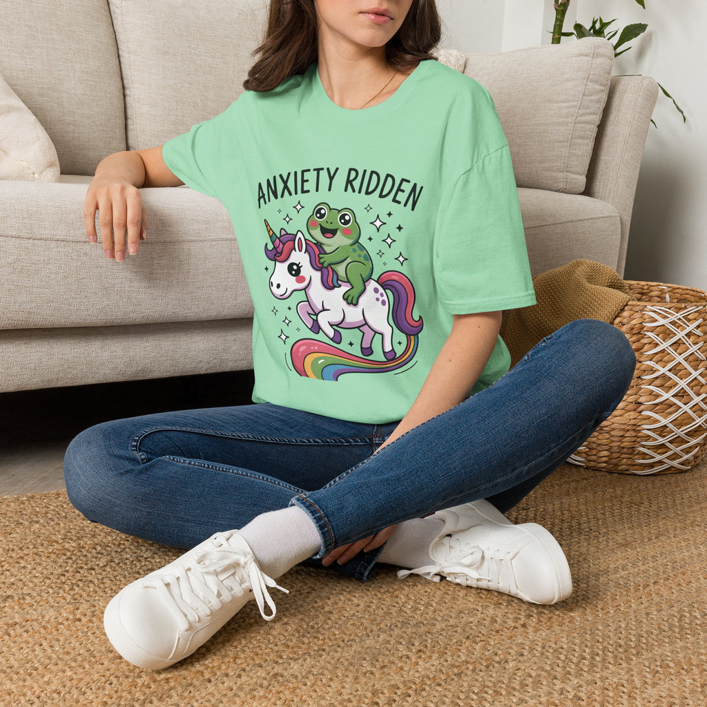 Anxiety Ridden Frog on Unicorn T-Shirt — Cute Mental Health Awareness Graphic Tee