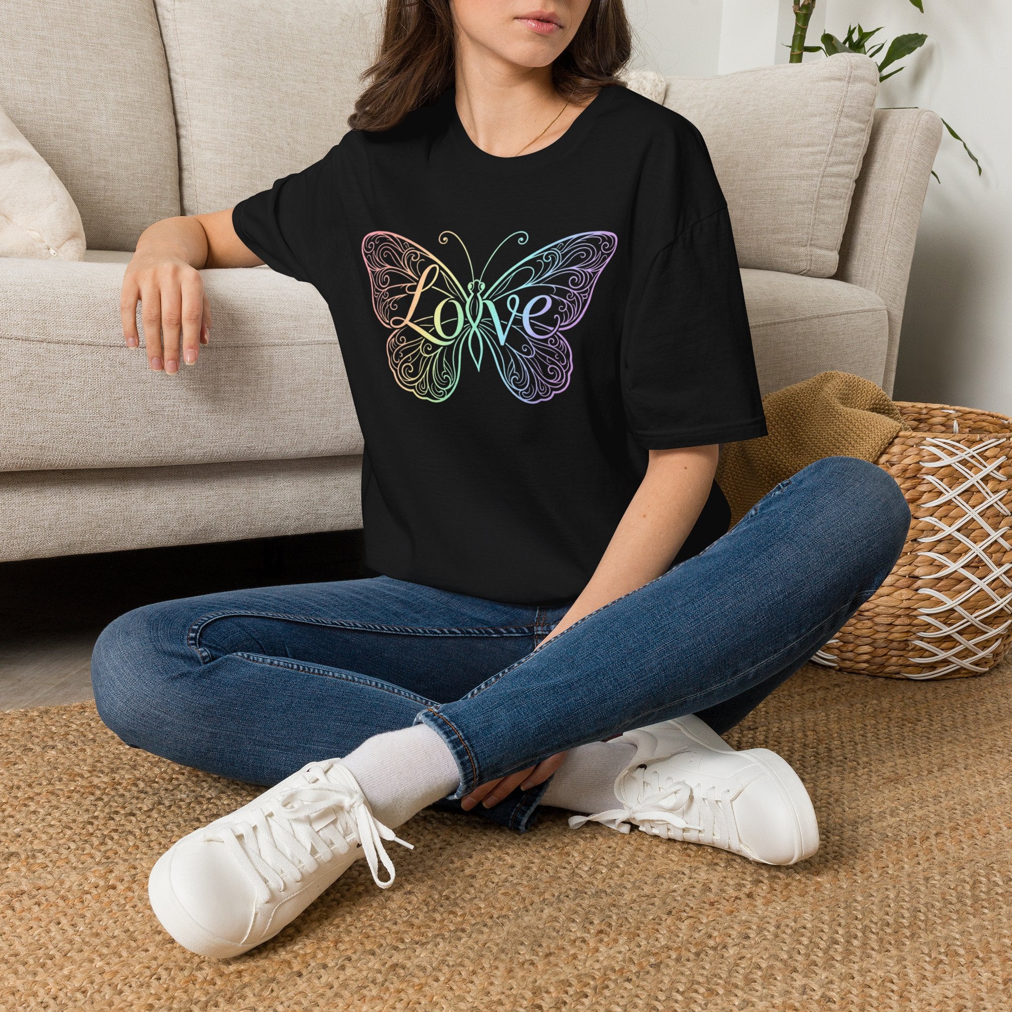 Butterfly "Love" T-Shirt — Pastel Rainbow Filigree Design