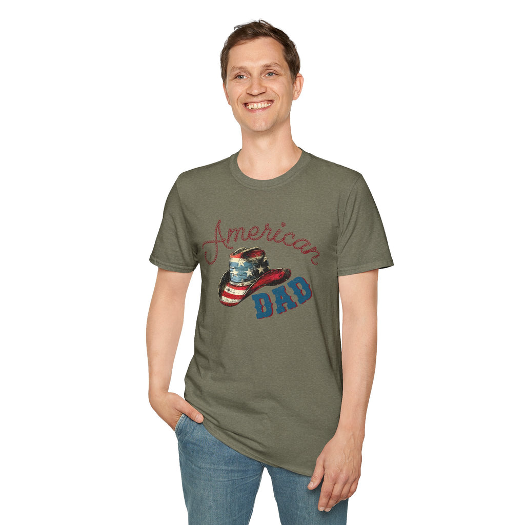 Patriotic “American Dad” Tee — Vintage Flag Cowboy Hat Dad T-Shirt