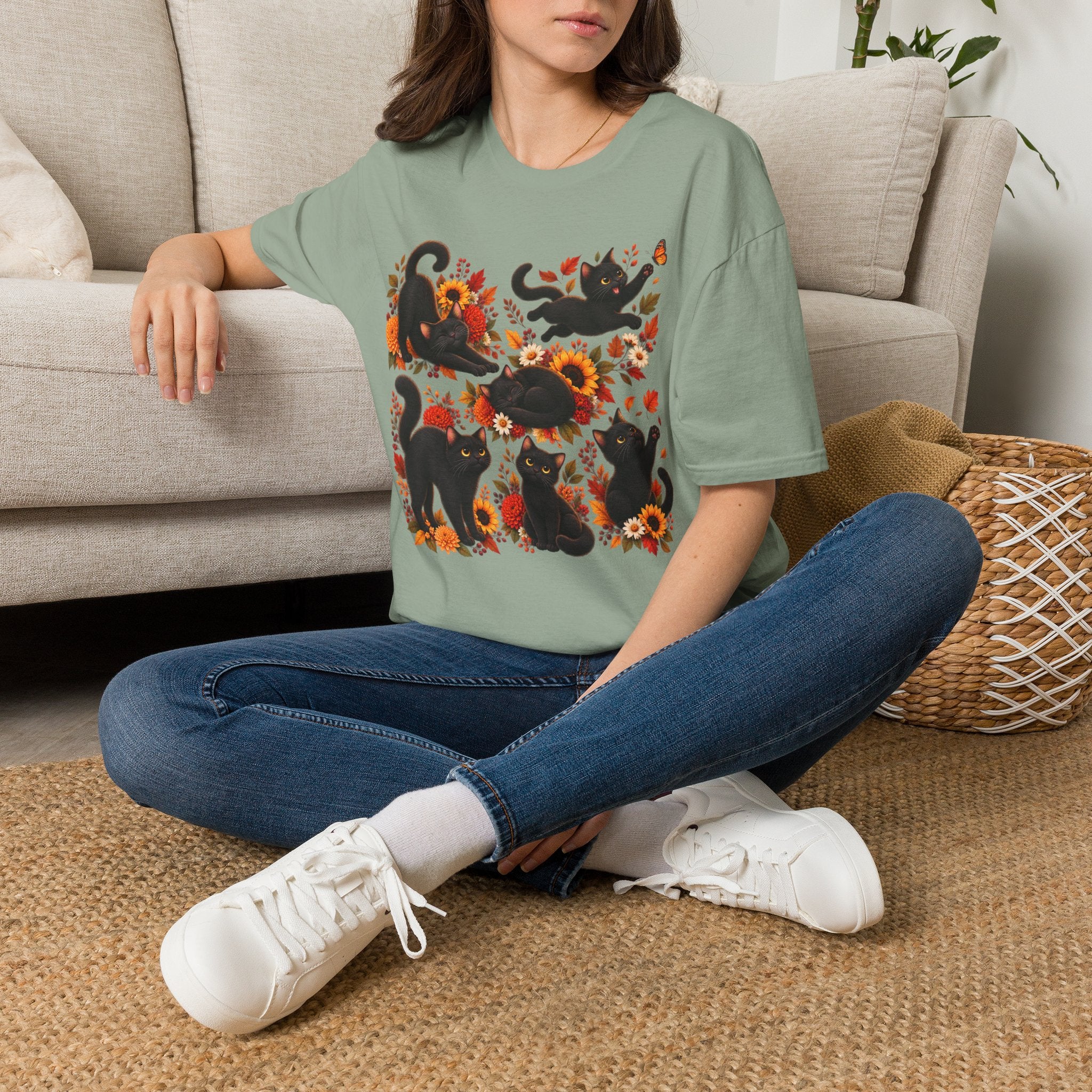 Black Cats & Sunflowers T-Shirt — Autumn Floral Cat Tee