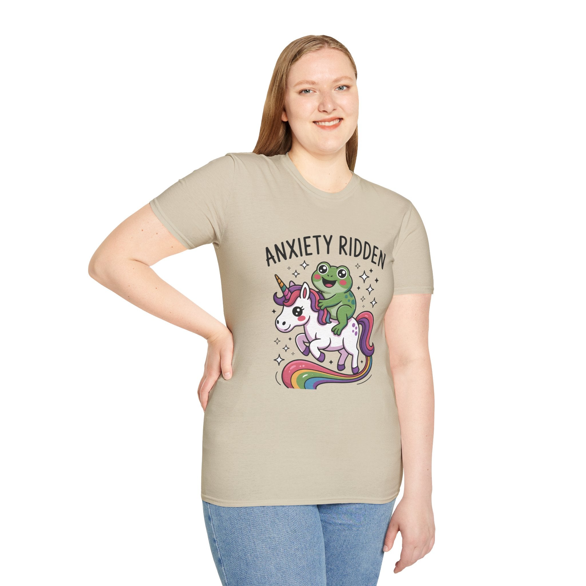 Anxiety Ridden Frog on Unicorn T-Shirt — Cute Mental Health Awareness Graphic Tee