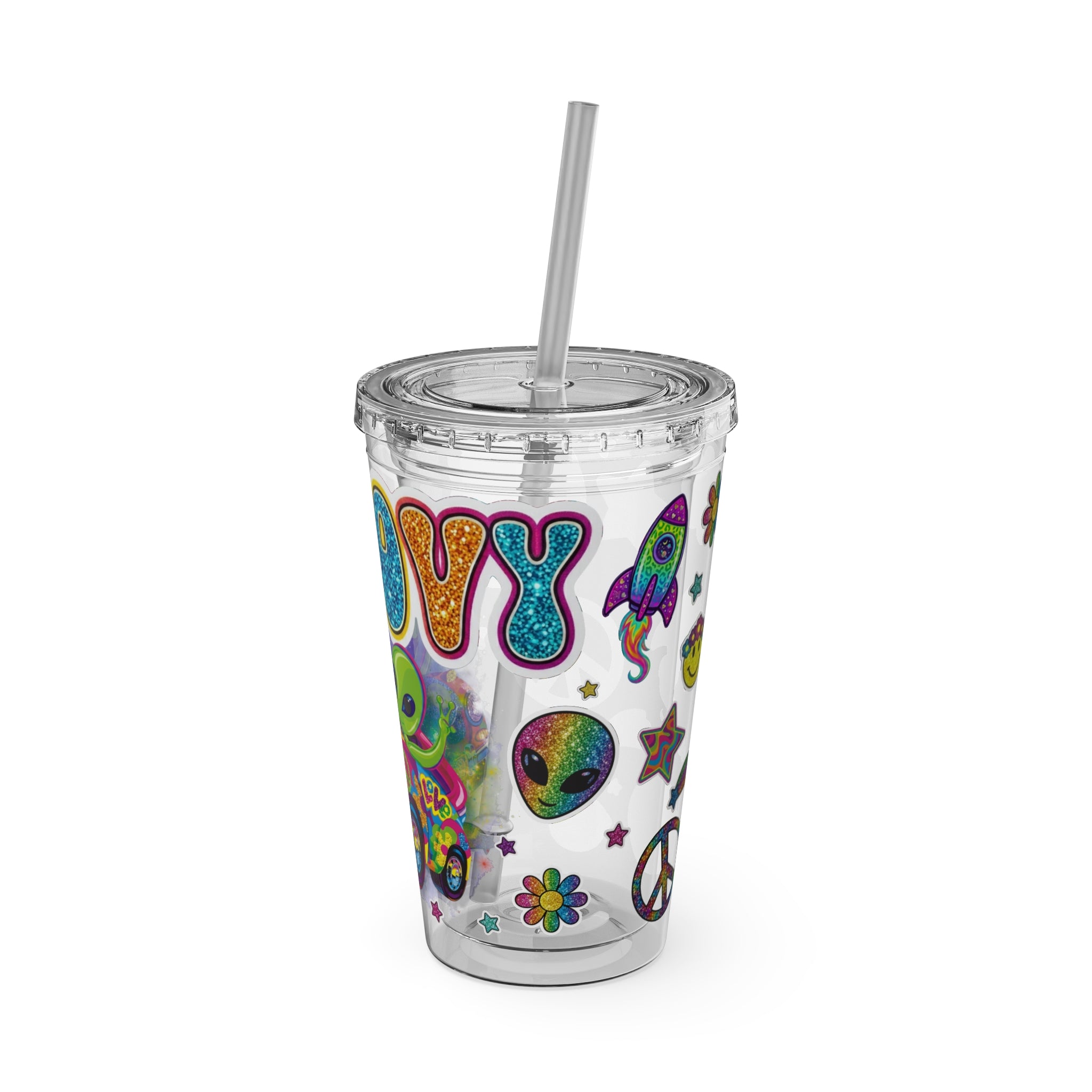 Groovy Aliens 16oz Tumbler with Straw — Retro Peace Sign, Psychedelic Van Design